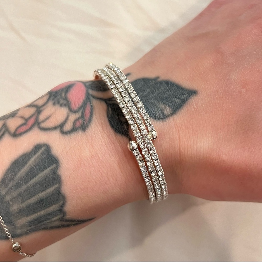 Stainless Steel Silver Rhinestone Stretch Bangle Tennis Cuff Bracelet